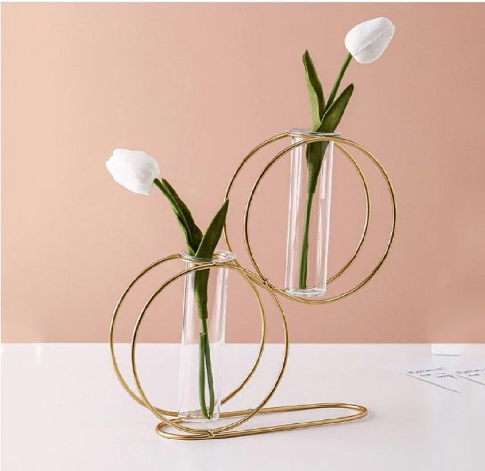 Nordic Retro Hydroponic Glass Vase with Golden Metal Stand for Home Decor Vael Decor