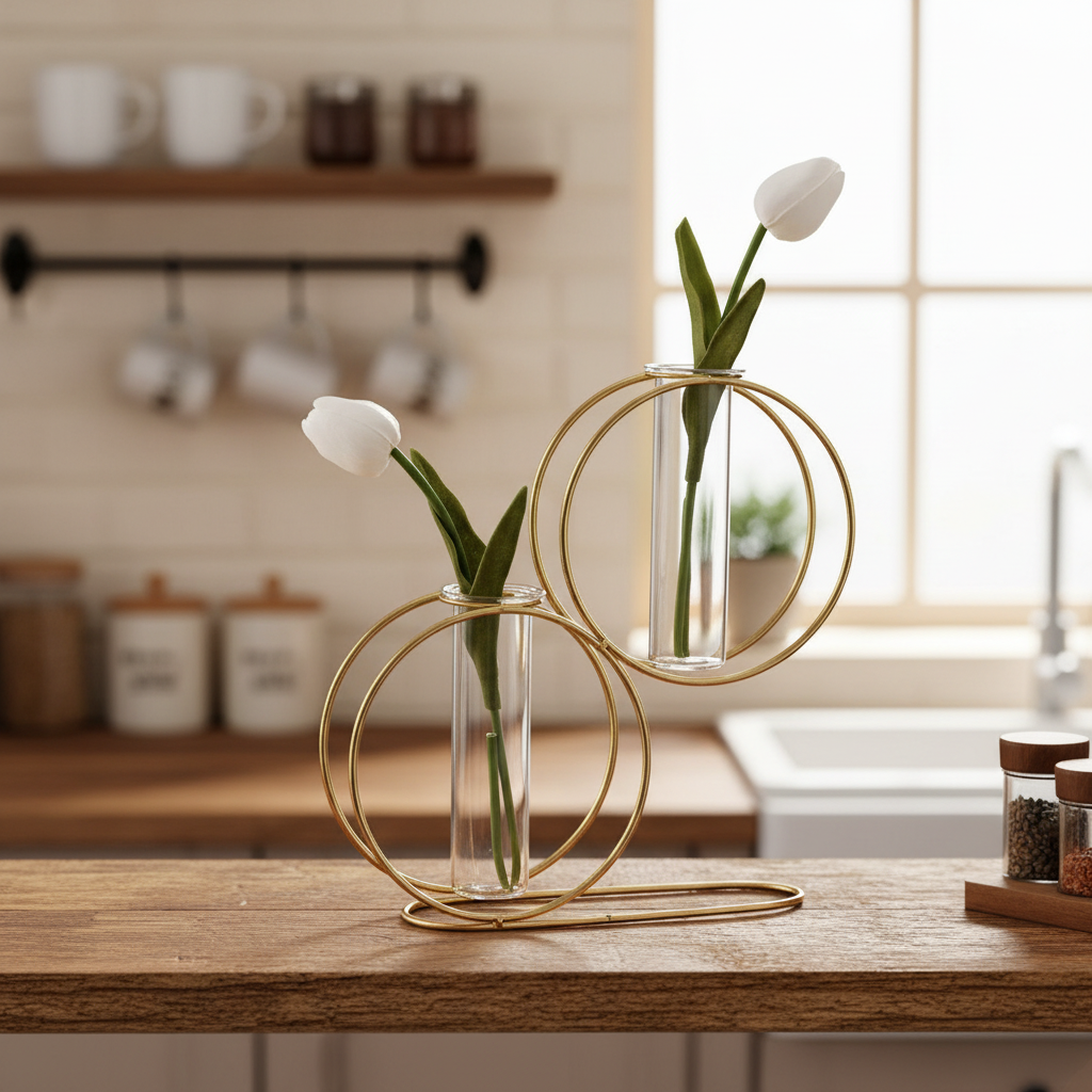 Nordic Retro Hydroponic Glass Vase with Golden Metal Stand for Home Decor Vael Decor