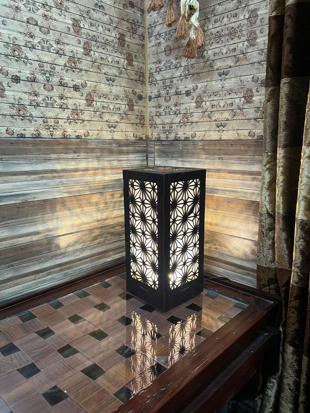 Modern MDF Wooden Table Lamp with Warm Golden LED Light Vael Decor