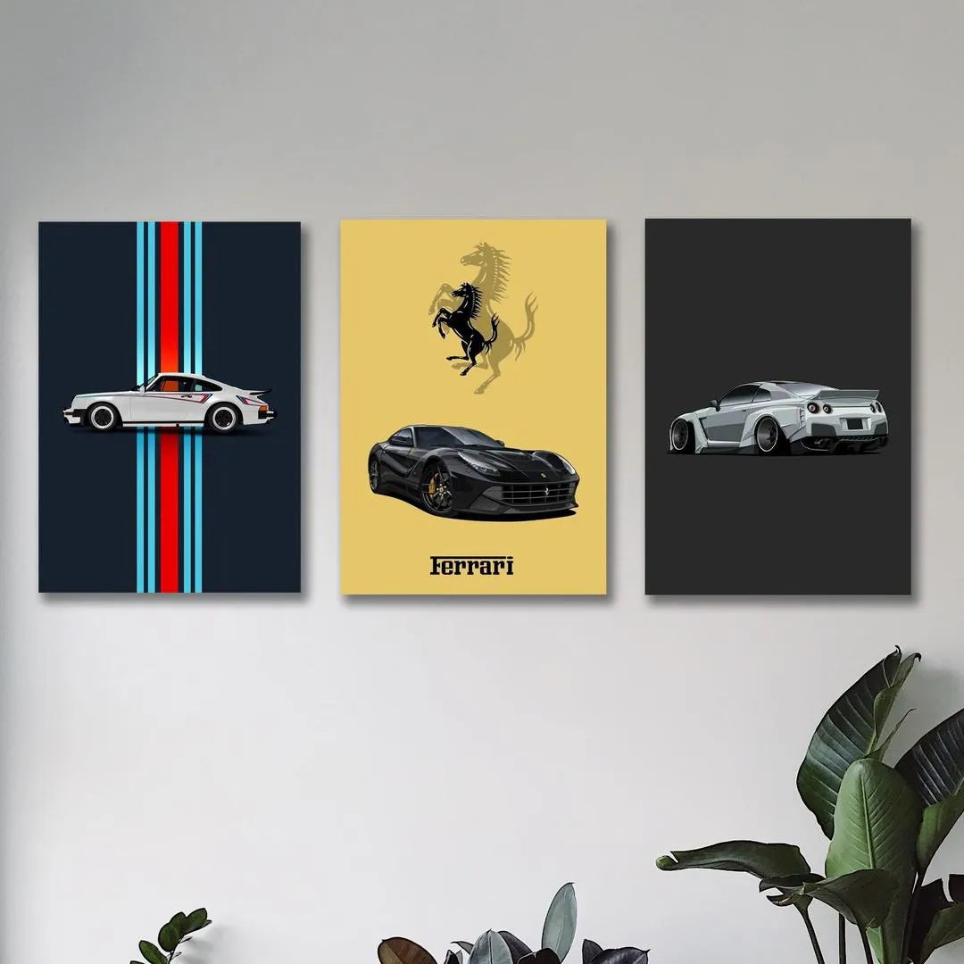 Modern Cars Wall Art Set of 3 | Premium MDF Wooden Wall Frames for Car Enthusiasts Vael Decor