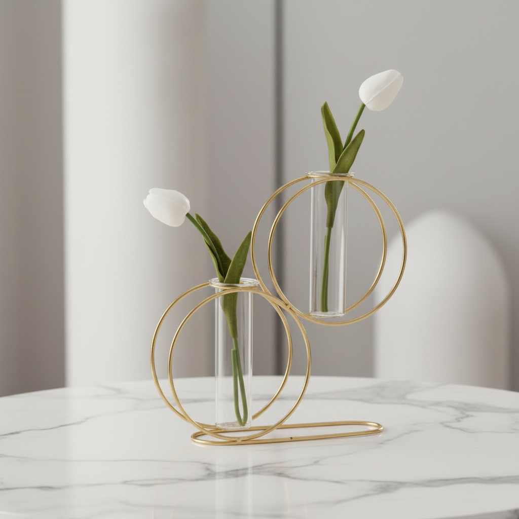 Nordic Retro Hydroponic Glass Vase with Golden Metal Stand for Home Decor Vael Decor
