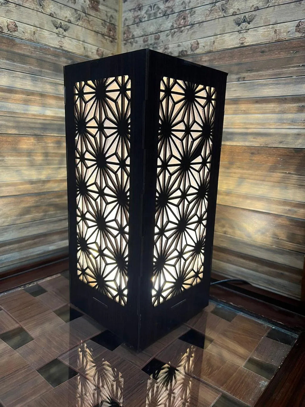 Modern MDF Wooden Table Lamp with Warm Golden LED Light Vael Decor