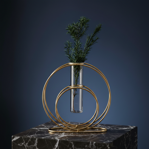 Golden Nordic Retro Hydroponic Glass Vase with Golden Metal Stand for Home Decor Vael Decor