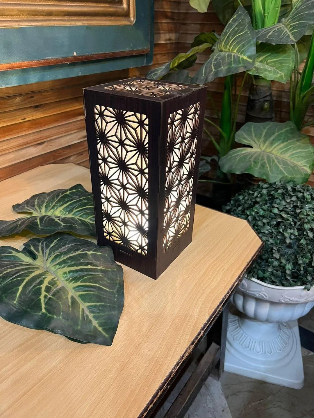 Modern MDF Wooden Table Lamp with Warm Golden LED Light Vael Decor