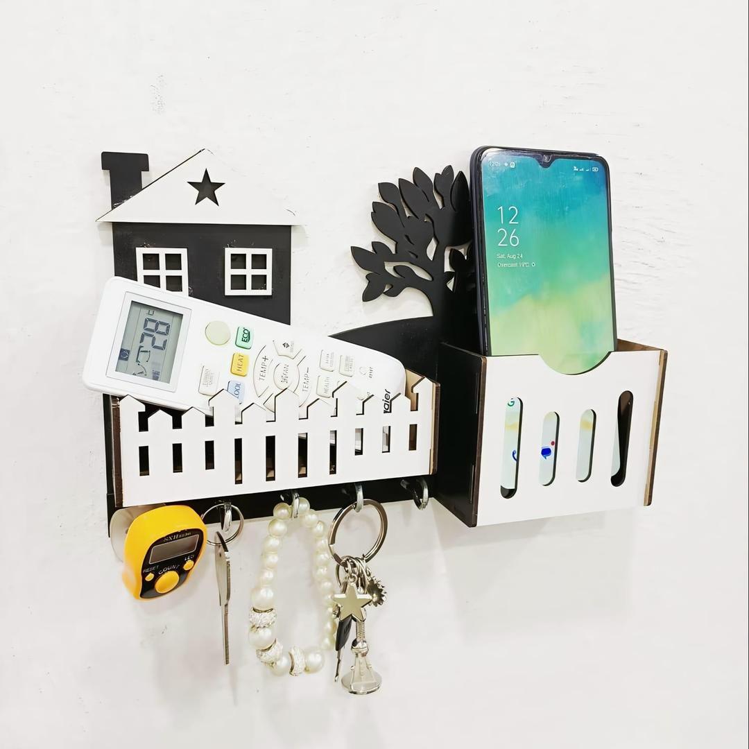MDF Wooden Wall Organizer Key Holder with Mobile Charging & Remote Stand Black Vael Decor