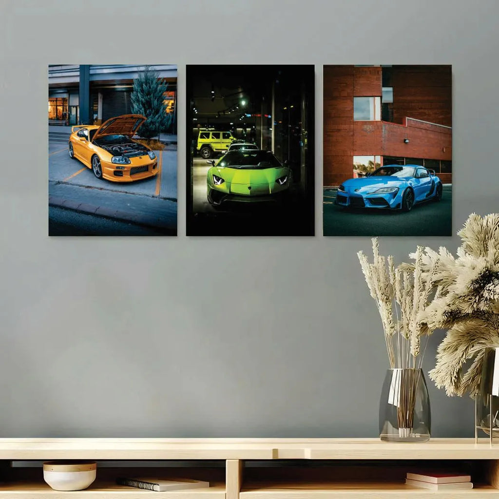 Modern Cars Wall Art Set of 3 | Premium MDF Wooden Wall Frames for Car Enthusiasts Vael Decor