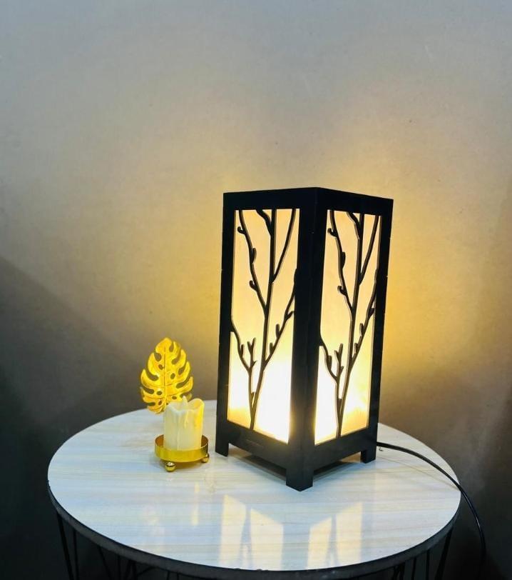 Modern MDF Wooden Table Lamp with Warm Golden LED Light Vael Decor