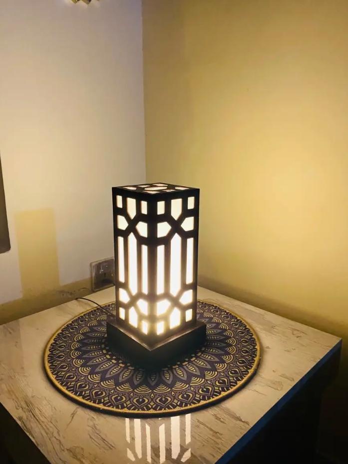 Modern MDF Wooden Table Lamp with Warm Golden LED Light Vael Decor