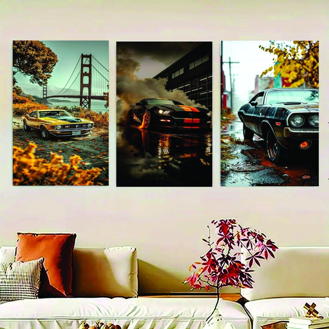 Modern Cars Wall Art Set of 3 | Premium MDF Wooden Wall Frames for Car Enthusiasts Vael Decor