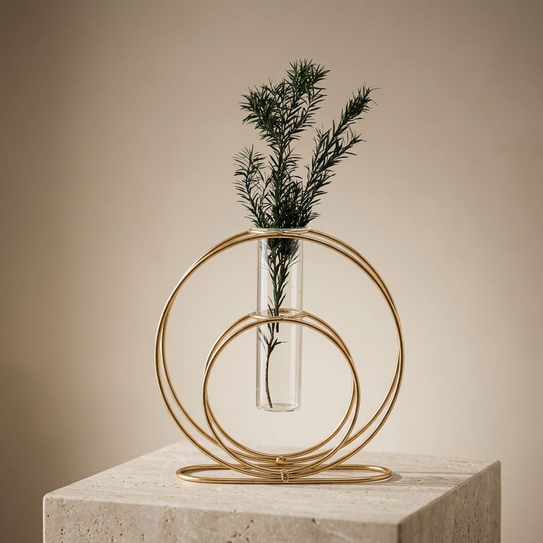 Golden Nordic Retro Hydroponic Glass Vase with Golden Metal Stand for Home Decor Vael Decor