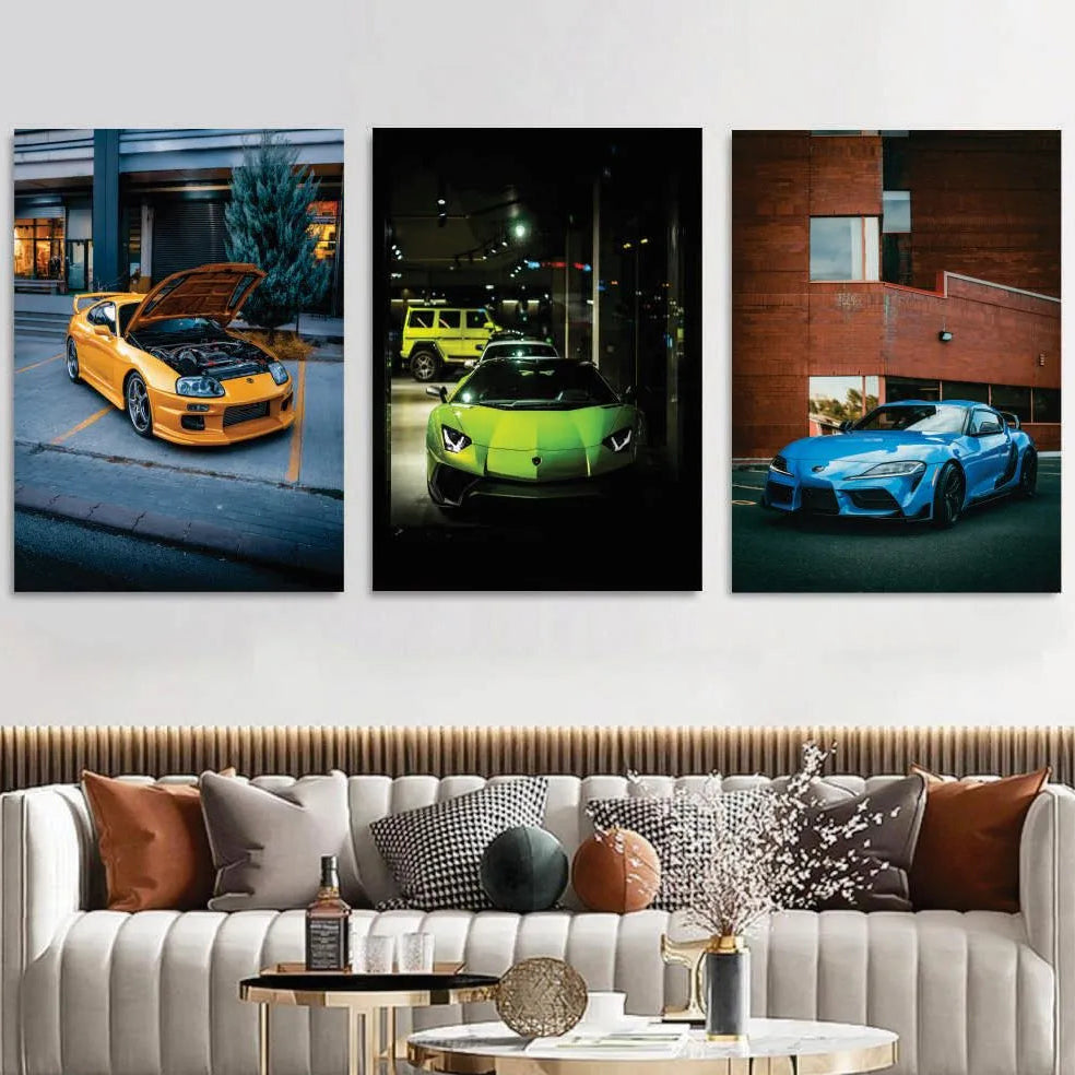 Modern Cars Wall Art Set of 3 | Premium MDF Wooden Wall Frames for Car Enthusiasts Vael Decor