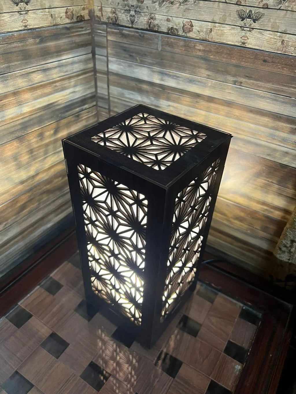 Modern MDF Wooden Table Lamp with Warm Golden LED Light Vael Decor