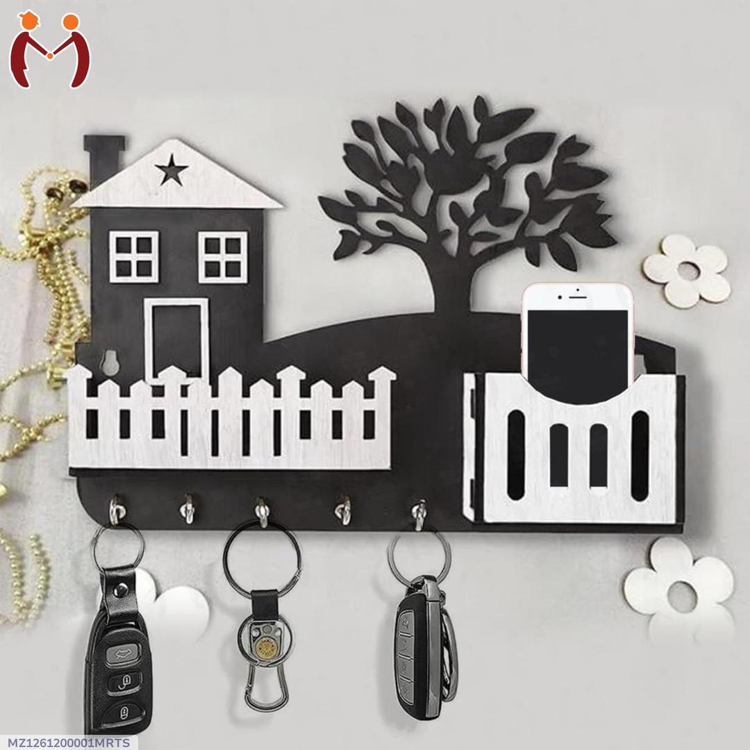 MDF Wooden Wall Organizer Key Holder with Mobile Charging & Remote Stand Black Vael Decor
