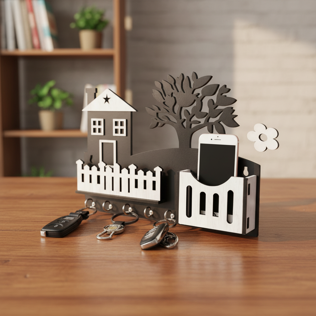 MDF Wooden Wall Organizer Key Holder with Mobile Charging & Remote Stand Black Vael Decor