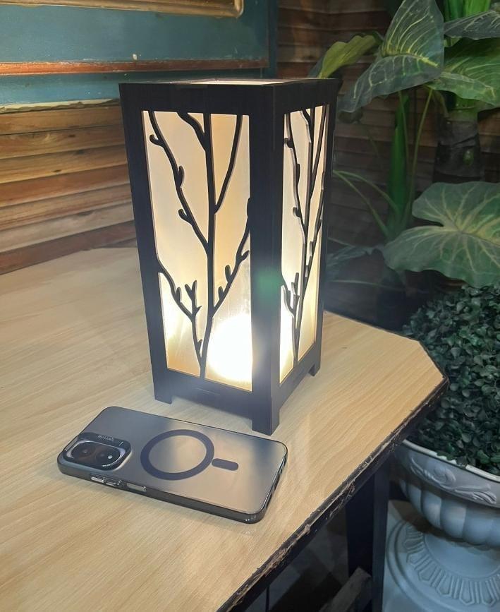 Modern MDF Wooden Table Lamp with Warm Golden LED Light Vael Decor