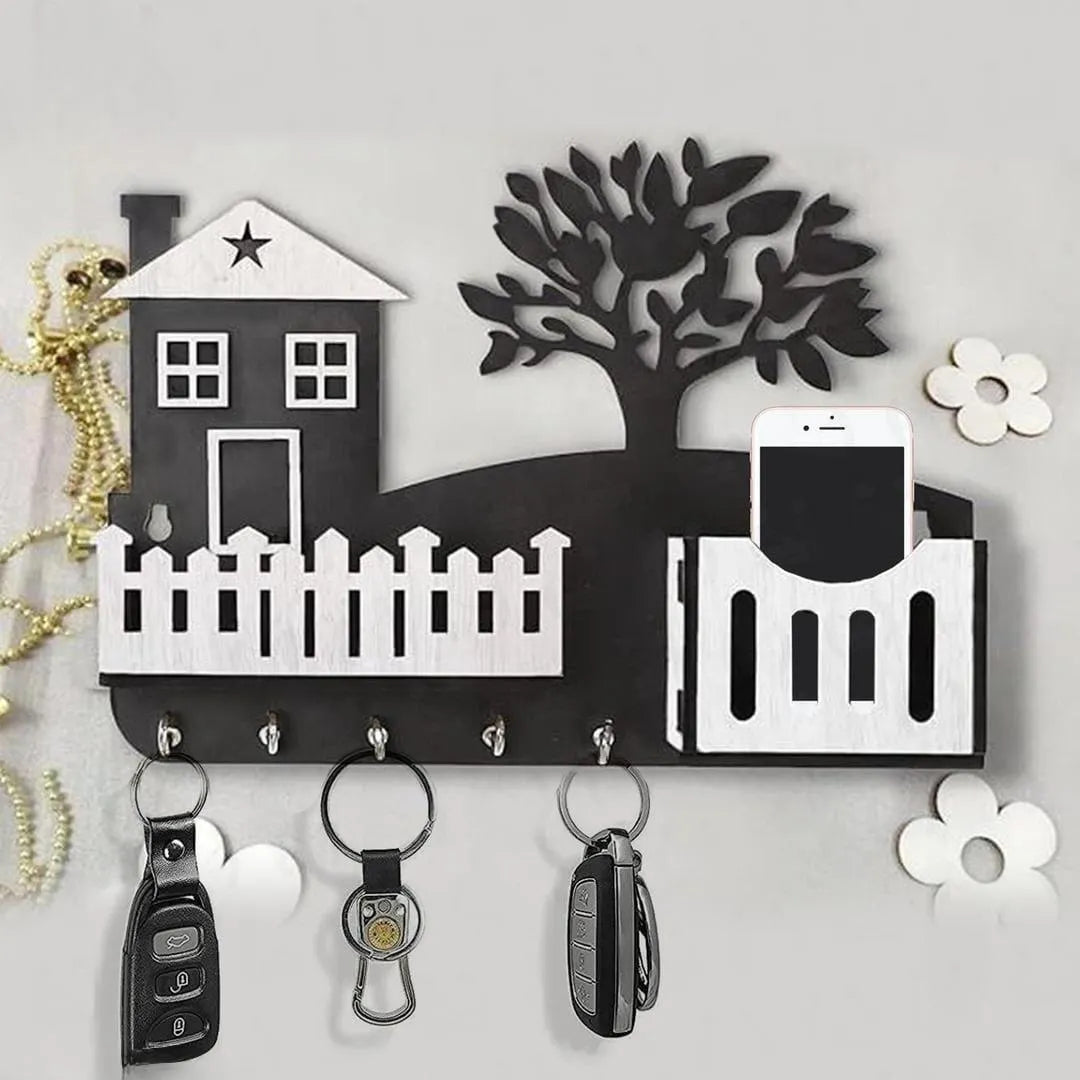MDF Wooden Wall Organizer Key Holder with Mobile Charging & Remote Stand Black Vael Decor