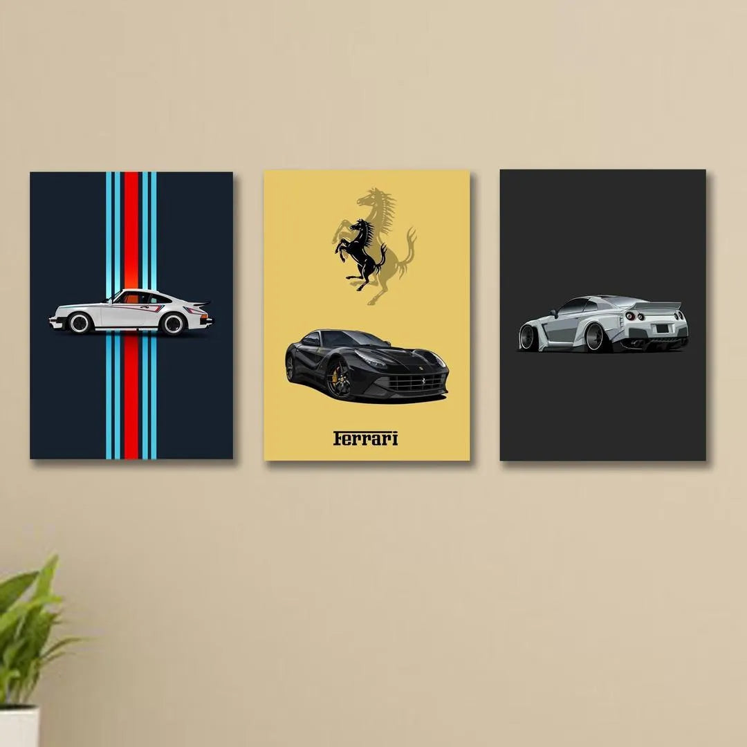 Modern Cars Wall Art Set of 3 | Premium MDF Wooden Wall Frames for Car Enthusiasts Vael Decor