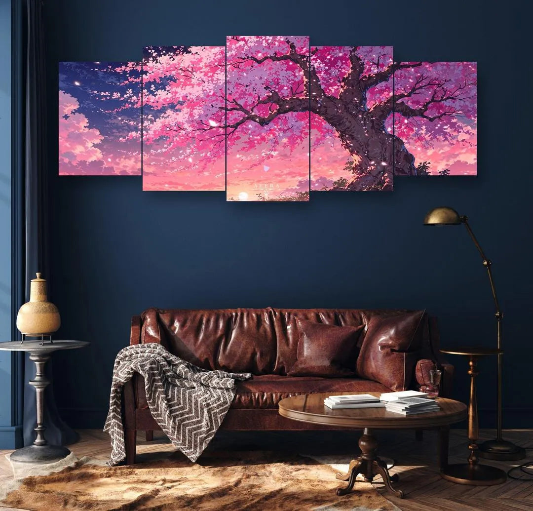Pink Tree Wall Art Set of 5 | Wooden Nature Wall Decor for Living Room Vael Decor