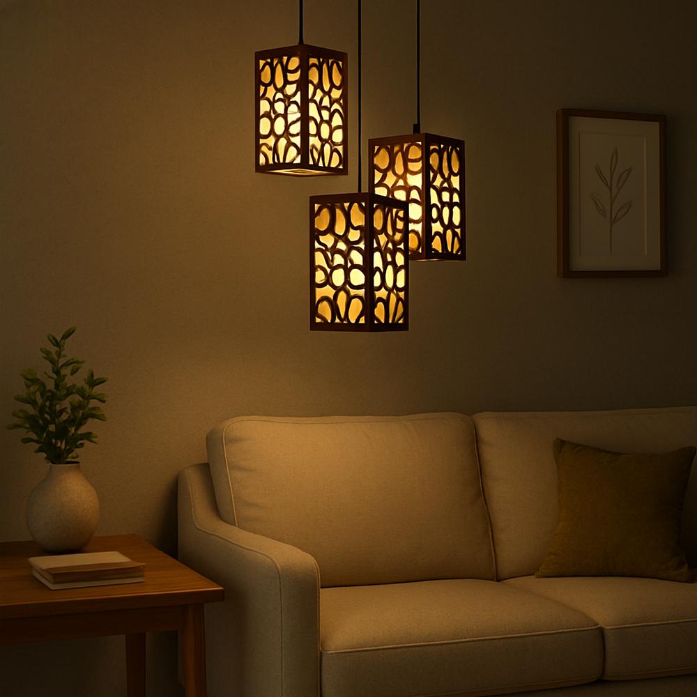 Modern Wooden Ceiling Pendant Lamp with Warm Golden Light | MDF Hanging Light Vael Decor