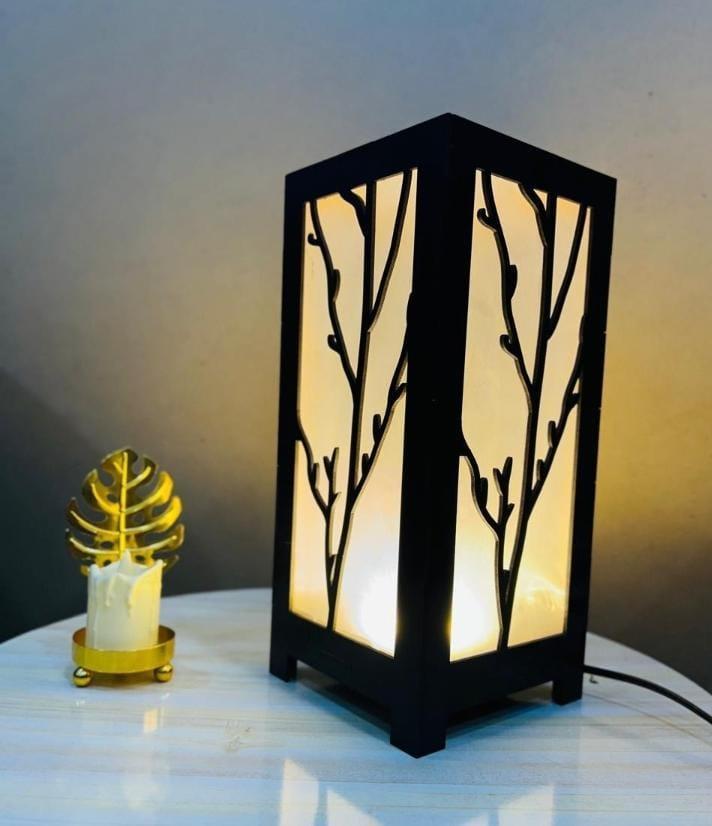 Modern MDF Wooden Table Lamp with Warm Golden LED Light Vael Decor